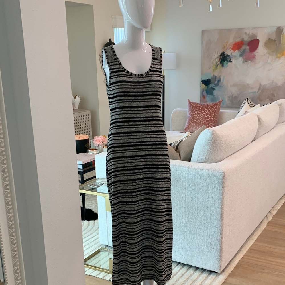 Jessica Simpson Black and Gray Striped Maxi Dress